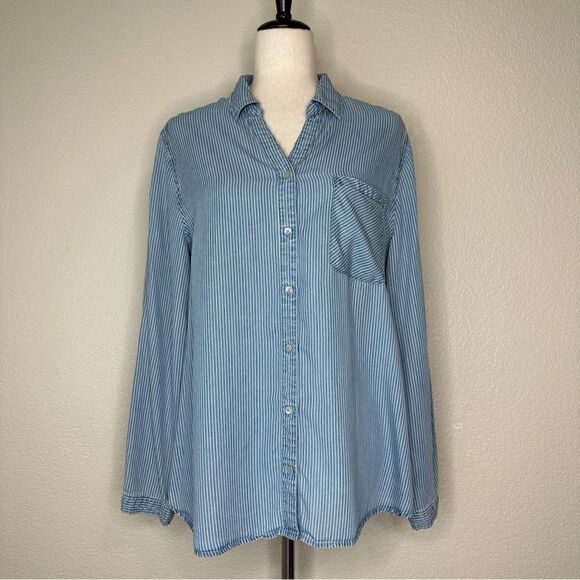 Chico’s 100% Lyocell Blue Striped Button Down Shirt - Picture 1 of 13